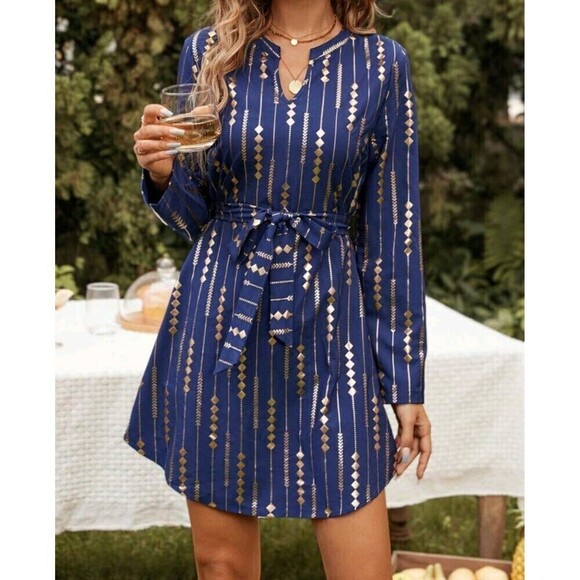 Clasi Gold Geo Print Notched Neckline Belted Dress Geometric, Striped - Picture 1 of 5